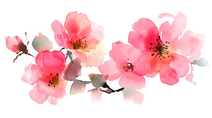 Watercolor illustration of soft pink flowers with green leaves, delicately painted and isolated on a transparent background. Ideal for design, branding, packaging, and creative projects.