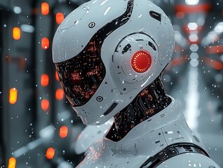 Futuristic robot with a sleek design stands in a high-tech environment, showcasing advanced technology and innovation, perfect for sci-fi and tech-themed projects.