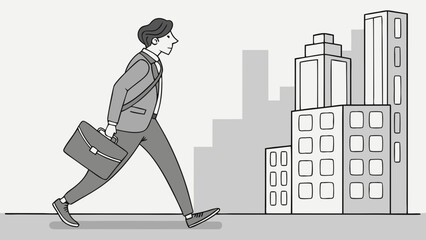 Illustration of businessman walking to work in city with briefcase vector design template