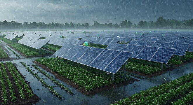 Sustainable agrivoltaics system with solar panels over crops during a rainstorm. A synergy of farming and clean energy production.