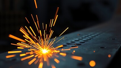 Close-up of glowing orange sparks on textured metal in a dark industrial environment.