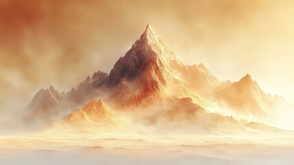 Majestic mountain peak bathed in warm golden light, surrounded by soft mist, evoking a sense of tranquility and adventure in a stunning natural landscape.