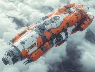 Futuristic spaceship soaring through clouds, showcasing advanced technology and vibrant orange accents, perfect for sci-fi and aerospace themes.