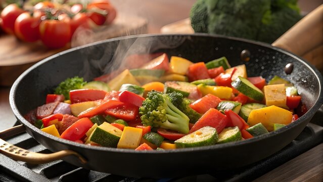 Colorful Vegetable Stir Fry Cooking in Pan on Stove &ndash; Healthy Homemade Meal