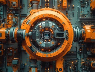 Futuristic machinery with vibrant orange accents, showcasing intricate details and advanced technology, ideal for innovation and engineering themes.