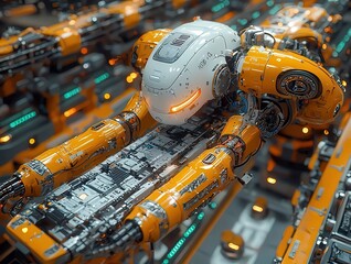 Futuristic robotic arm in a high-tech environment, showcasing advanced engineering and vibrant orange accents, ideal for technology and innovation themes.