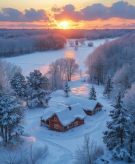 Serene winter sunset over a cozy cabin surrounded by snow-covered trees, evoking tranquility and warmth in a picturesque landscape.