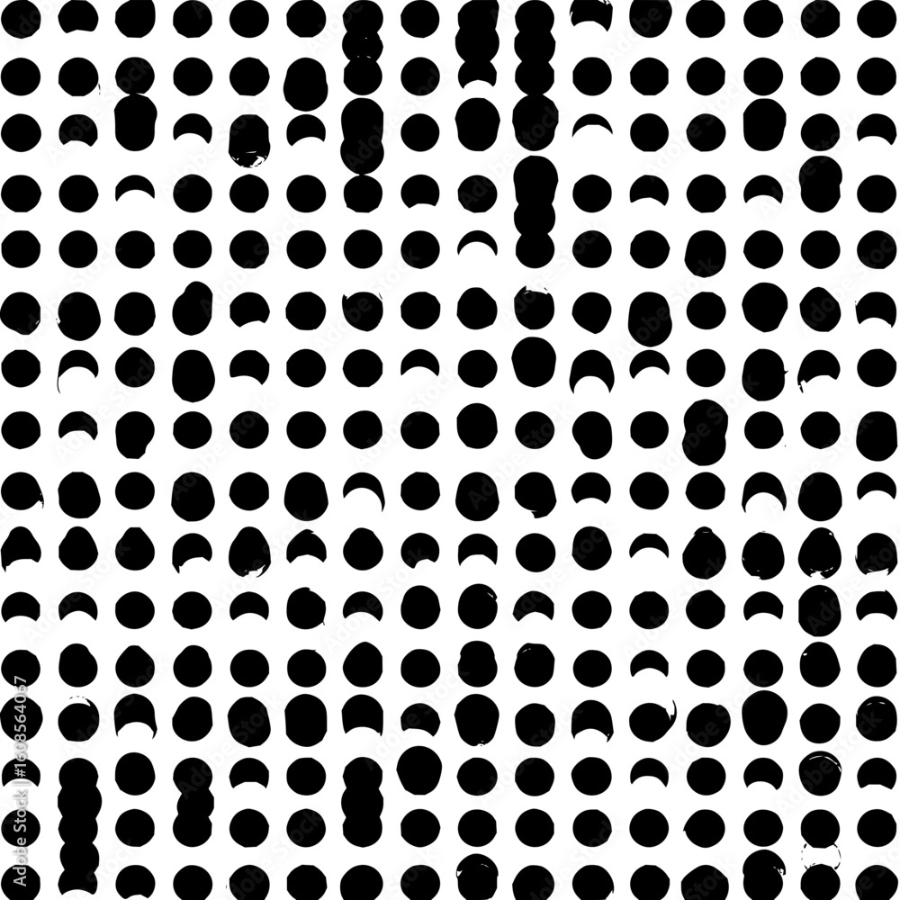 Poster a dense arrangement of black circles and crescent shapes on a white background creating a textured p