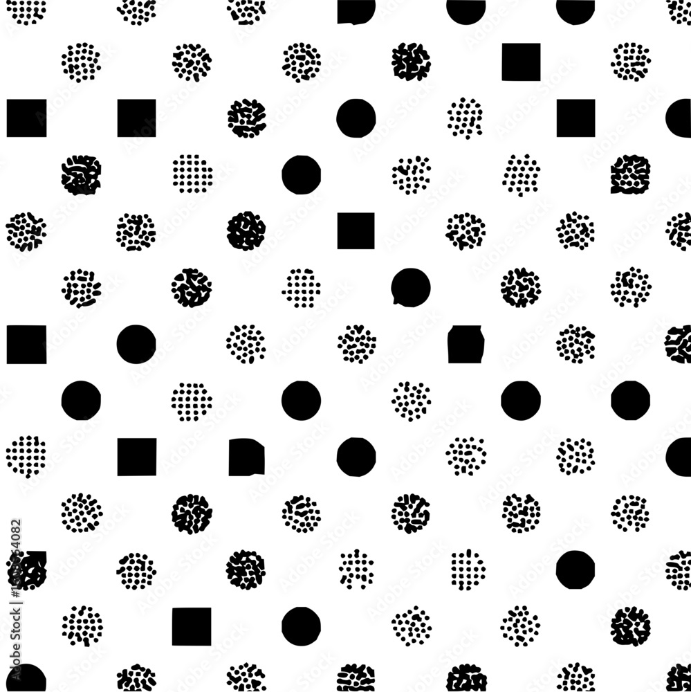 Aufkleber monochrome seamless pattern featuring circles squares and clustered dot formations on a white backgr