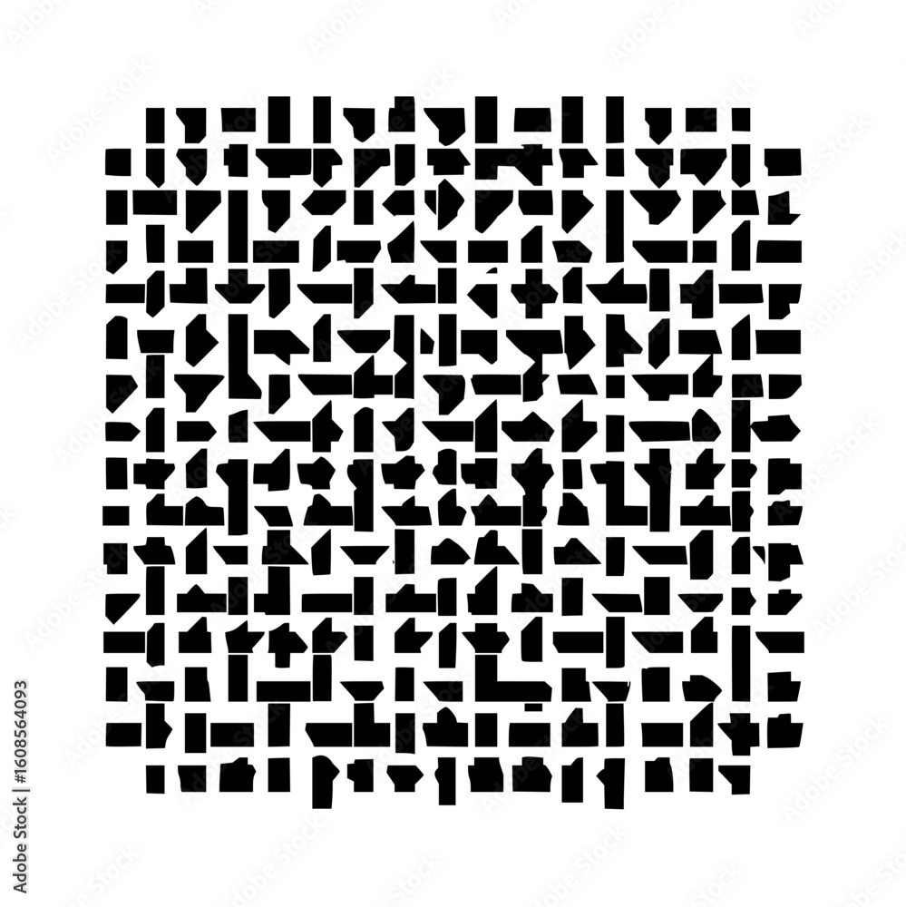 Poster a dense arrangement of assorted black geometric shapes forming a square pattern on a white backgroun