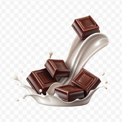 abstract 3d smooth liquid milk splash with chocolate bar in different style isolated on transparent background