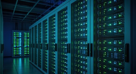 Data center with server racks in a blue and green lit room.