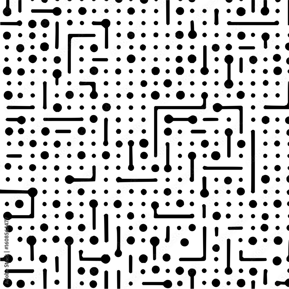 Poster black and white seamless pattern featuring interconnected lines and dots forming a circuit board des
