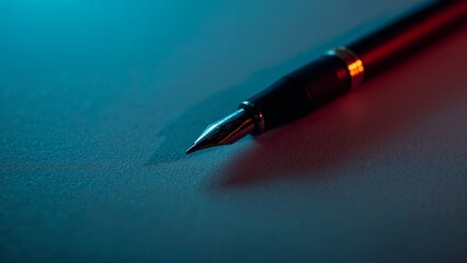 Close up fountain pen lying on textured paper illuminated by blue and red light