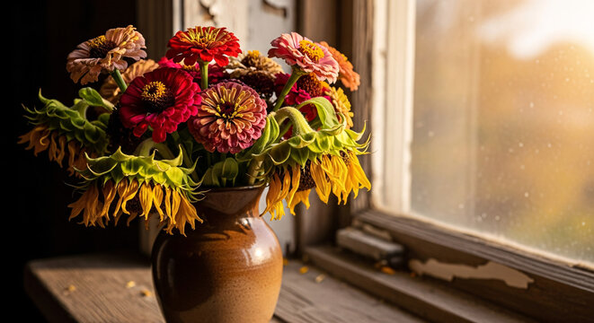 Vibrant Zinnia and Sunflower Bouquet in Brown Ceramic Vase by Window.