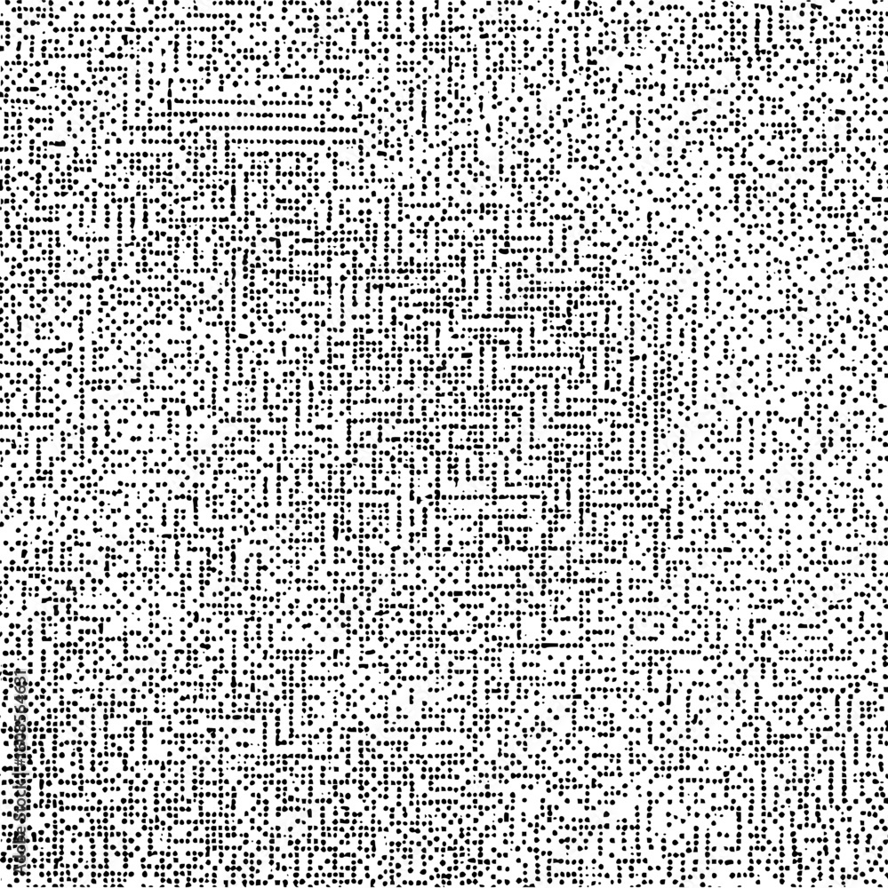 Poster dense arrangement of small black dots forming a complex maze like pattern on a white background text