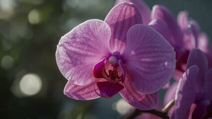 Obraz premium Close up of a backlit purple orchid flower with bokeh background