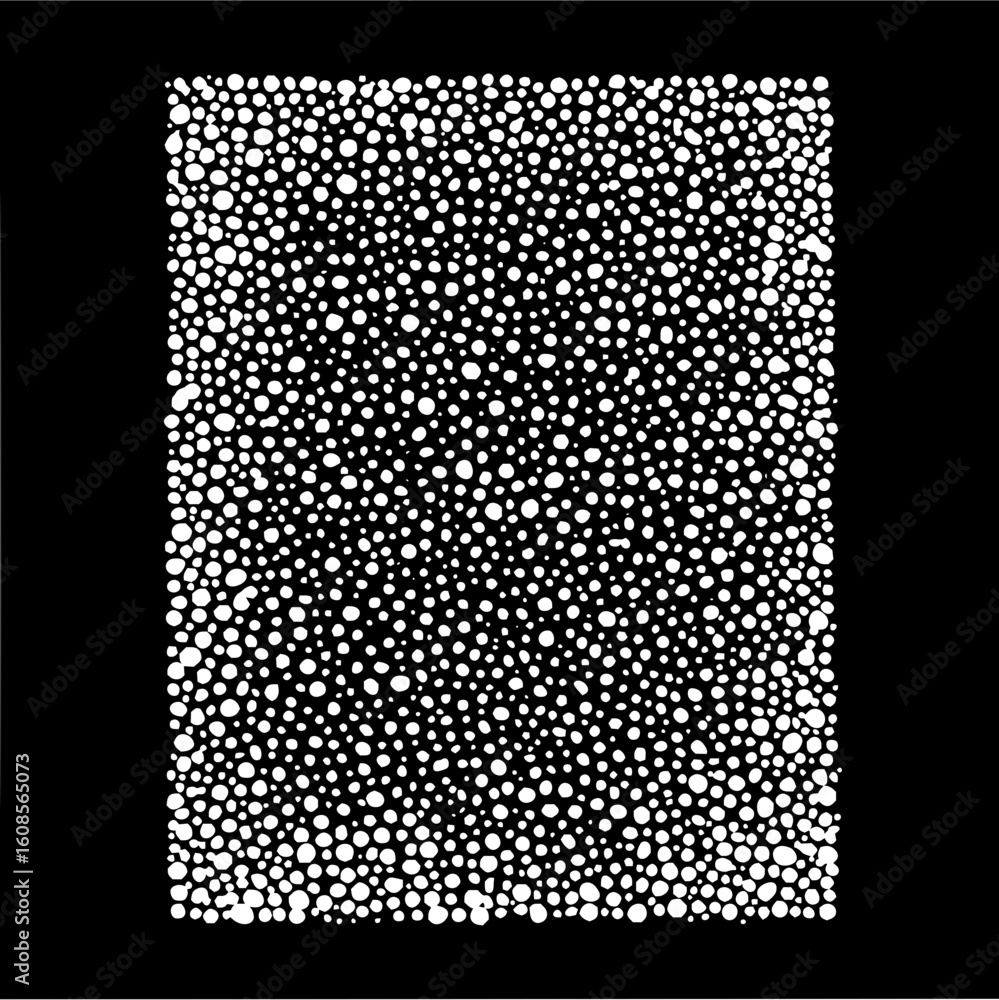 Poster dense arrangement of white circles varying in size against a black background creating a pattern