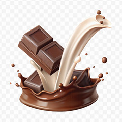abstract 3d smooth liquid milk splash with chocolate bar in different style isolated on transparent background