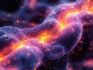 Vibrant cosmic energy flows through interconnected particles, creating a mesmerizing visual of light and color, perfect for science, technology, or abstract art themes.