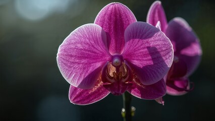 Fototapeta premium Macro shot of a fuchsia phalaenopsis orchid blossom on dark blurred background