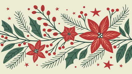 Holiday poinsettia christmas floral vector border design with berries and leaves for festive season decor