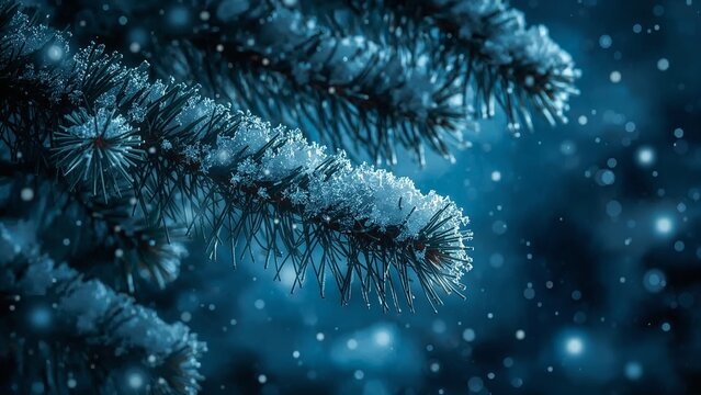 Pine tree branches covered in fresh snow with falling bokeh lights