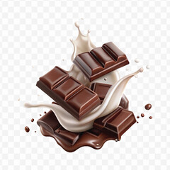 abstract 3d smooth liquid milk splash with chocolate bar in different style isolated on transparent background