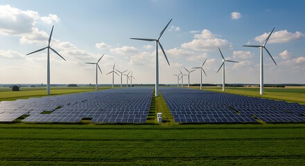 A hybrid renewable energy farm with wind turbines and solar panels generating clean power in a vast green landscape.