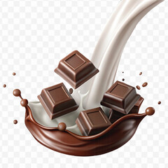 abstract 3d smooth liquid milk splash with chocolate bar in different style isolated on transparent background