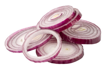 A vibrant pile of red onion slices is isolated, presented as a transparent PNG image ideal for...