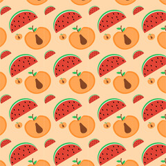 A repeating pattern of sliced watermelon and peach halves.