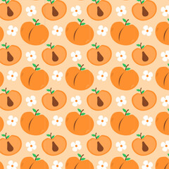 Seamless pattern of whole and halved peaches with white flowers on a light orange background.