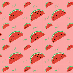 Repeating pattern of watermelon slices on a pink background.