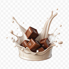 abstract 3d smooth liquid milk splash with chocolate bar in different style isolated on transparent background