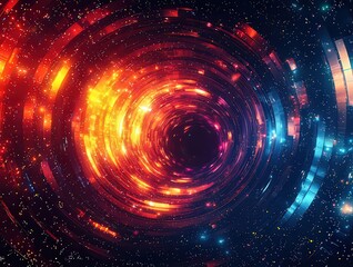 Vibrant cosmic vortex with swirling orange and blue lights, creating a mesmerizing portal effect against a starry backdrop, ideal for sci-fi and technology themes.