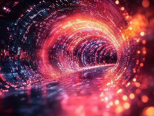 Vibrant digital tunnel with swirling lights and colors, creating a sense of motion and depth, perfect for futuristic and tech-themed projects.