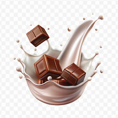 abstract 3d smooth liquid milk splash with chocolate bar in different style isolated on transparent background