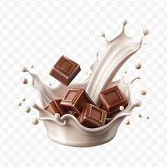 abstract 3d smooth liquid milk splash with chocolate bar in different style isolated on transparent background