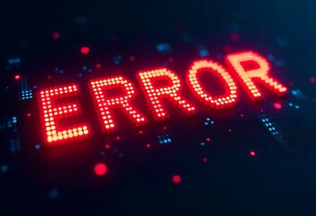 Glitched red error sign with binary background. Abstract tech visual representing system crash, cyber attack, software failure, coding error, data loss, and digital malfunction alert.