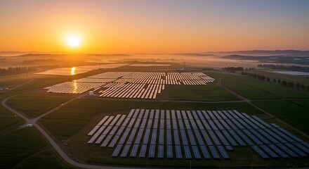 Fototapeta premium Panoramic View of Solar Farm at Sunrise Sustainable Energy Production Landscape