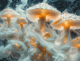 Enchanting glowing mushrooms emerge from ethereal mist, creating a mystical atmosphere perfect for nature-themed projects and designs.