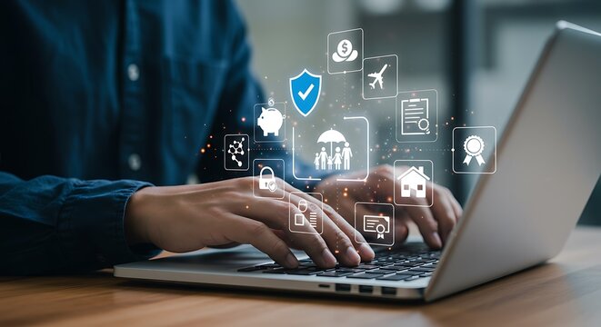 Man using laptop exploring various insurance concepts and digital protection ideas online