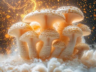 Vibrant cluster of glowing mushrooms surrounded by ethereal mist and dynamic lightning effects, perfect for nature-themed designs and culinary promotions.