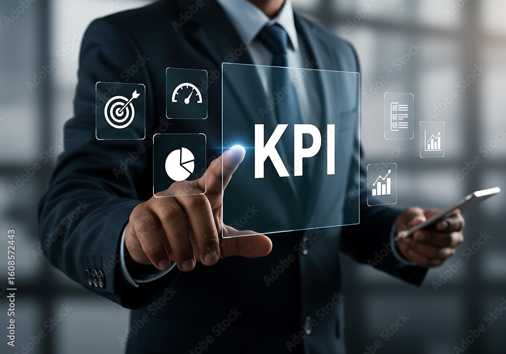 Poster businessman interacting with a virtual kpi interface displaying business metrics and targets