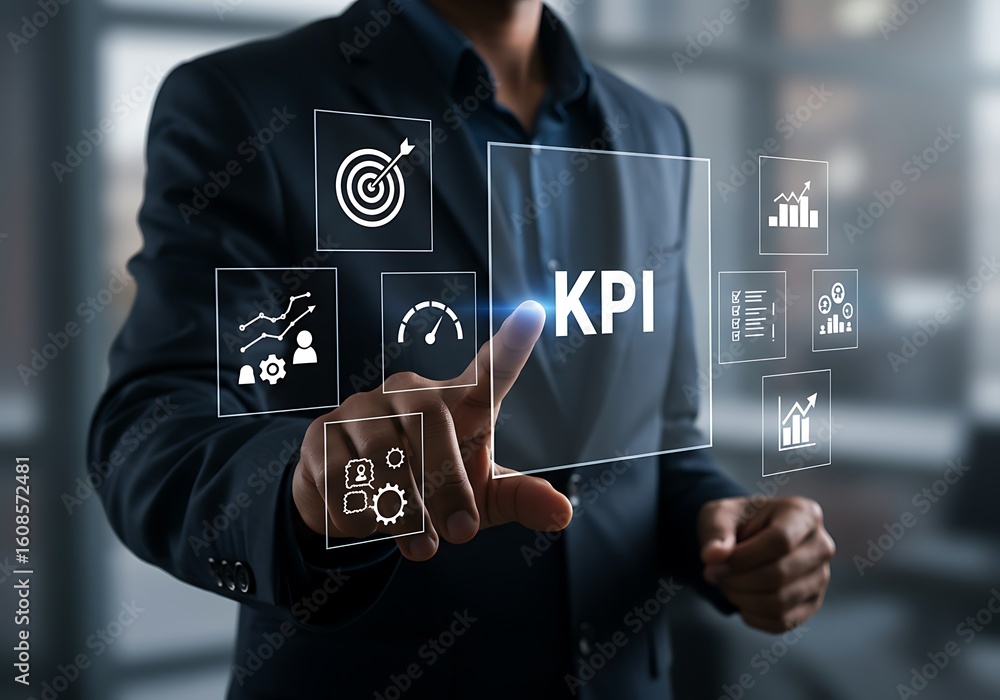 Poster businessman interacting with a virtual kpi dashboard displaying key performance indicators
