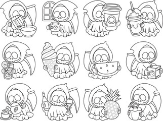Illustration of cute skull ghost icon.
Funny skull ghost in activities stickers.
Angel of death cute elements.