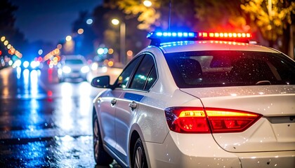 White police car at night, flashing lights on a wet street