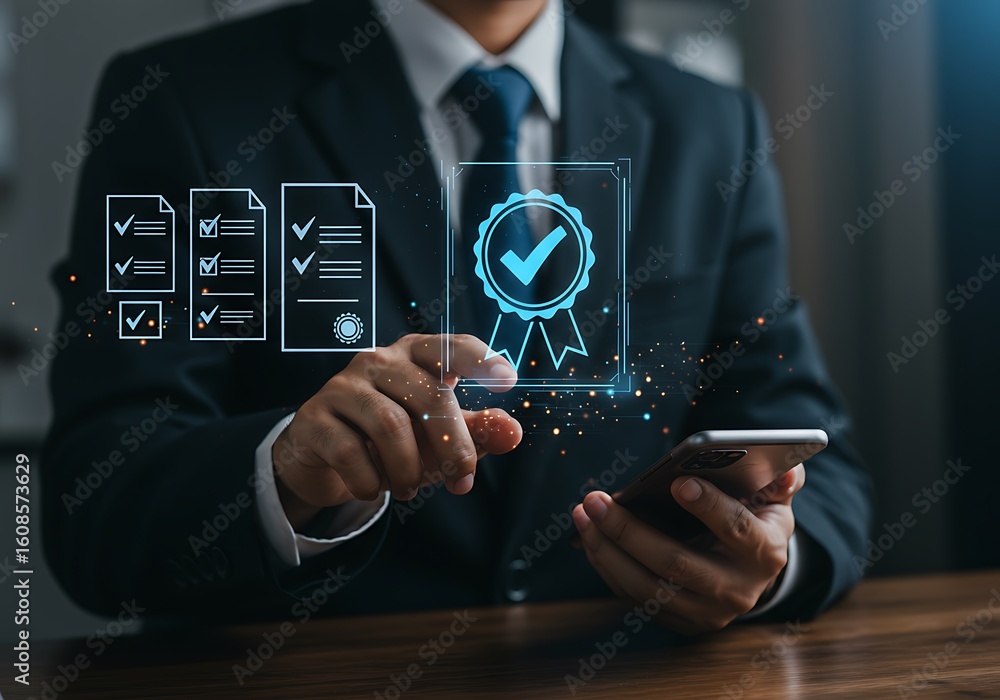 Poster businessman using smartphone with holographic quality control and certification concepts displayed.