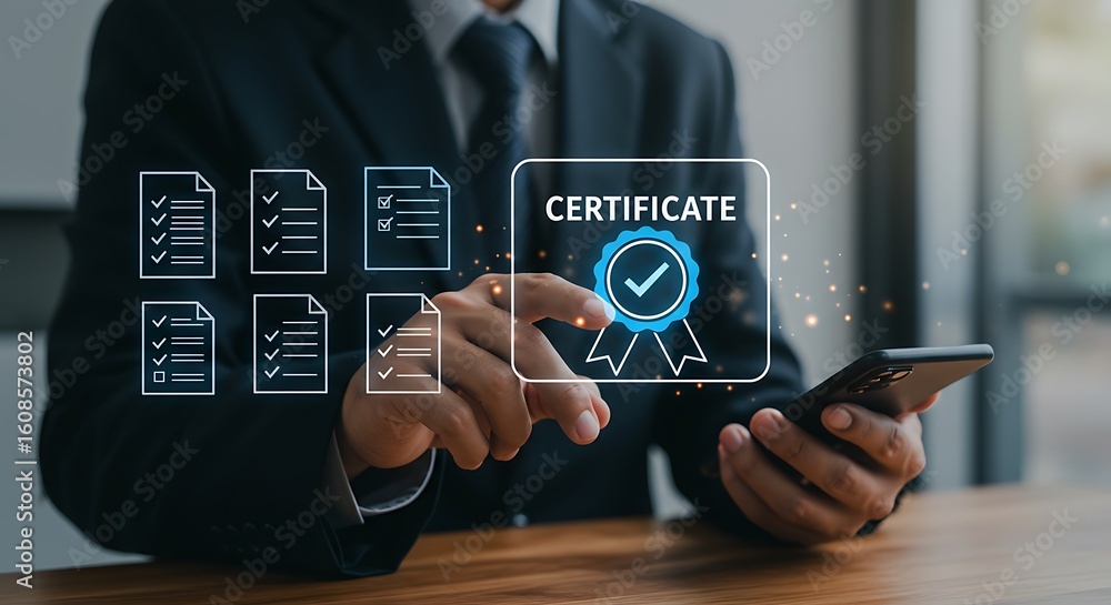 Poster businessman accessing a certificate with a smartphone representing business certification and approv
